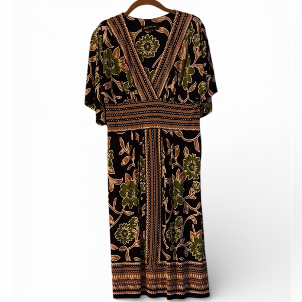 Jones New York Black, beige and Green Floral Midi Wear to work Dress (mlb)